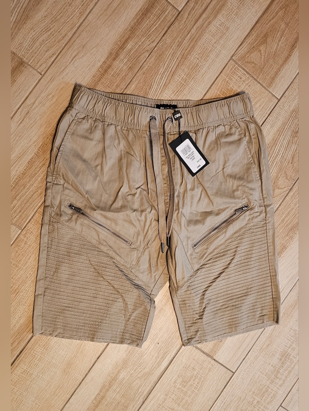 CSG Moto Shorts Men's Large Dark Sand Khaki Cotton Cargo Casual Drawstring NEW
